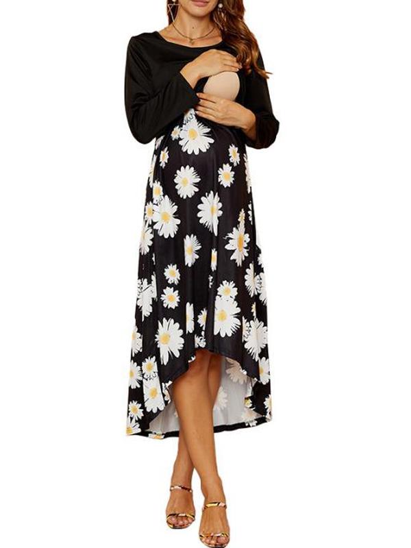 Seindeal Daisy Print Irregular Breast-feeding High-low Nursing Maternity Dress