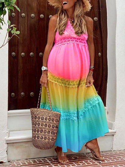 Seindeal Rainbow Tie Dye Ruffle Gradient Color Bohemain Maternity Dress