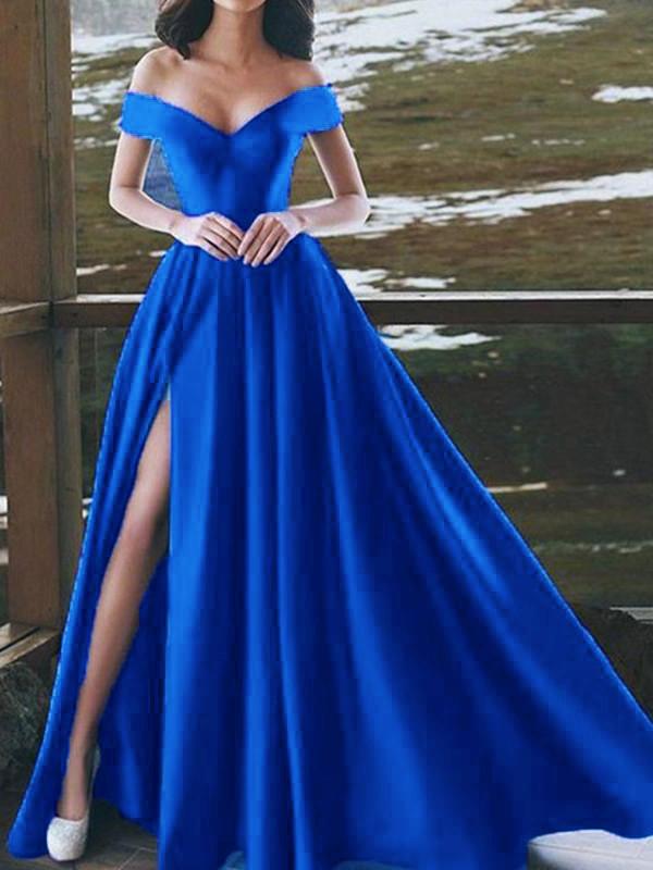 Side Slit Off Shoulder V Neck Short Sleeve Women Maxi Dresses Evening Dress Ball Gown