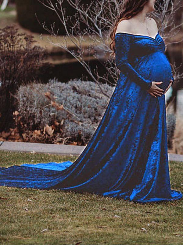 Off Shoulder Velvet  Long Sleeve Baby Shower Maternity Maxi Dress