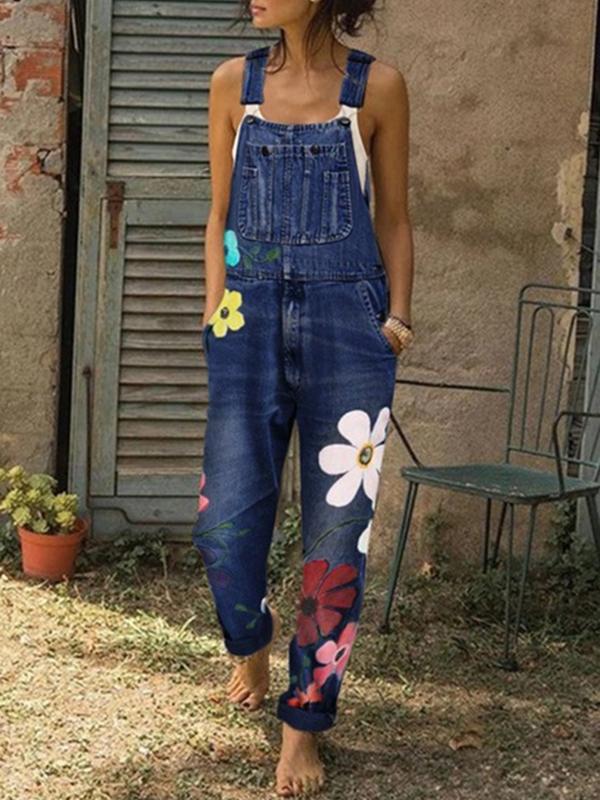 Seindeal Flowers button pockets with straps jeans jumpsuit denim dungarees women long jumpsuit