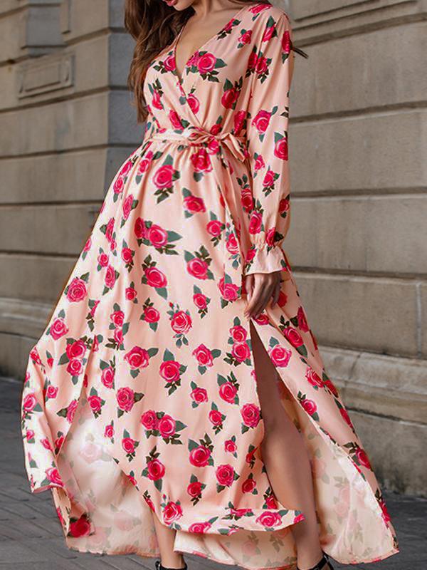 Flowers Flowy Sashes Side Slit Maternity Maxi Dress