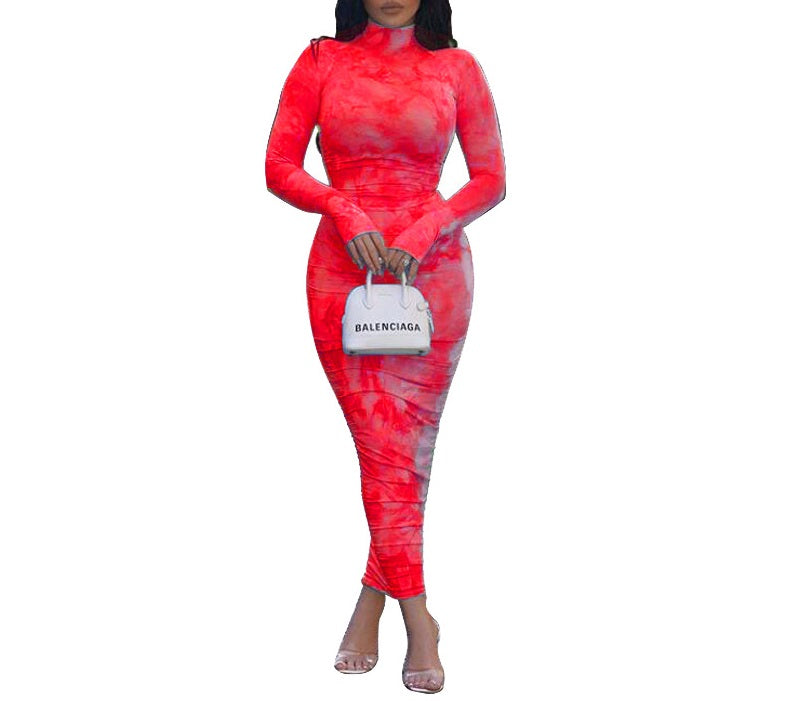 Seindeal Fashion Maxi  Plus Size Maternity Bodycon Dress Tie Dye High Neck Long Sleeve Design