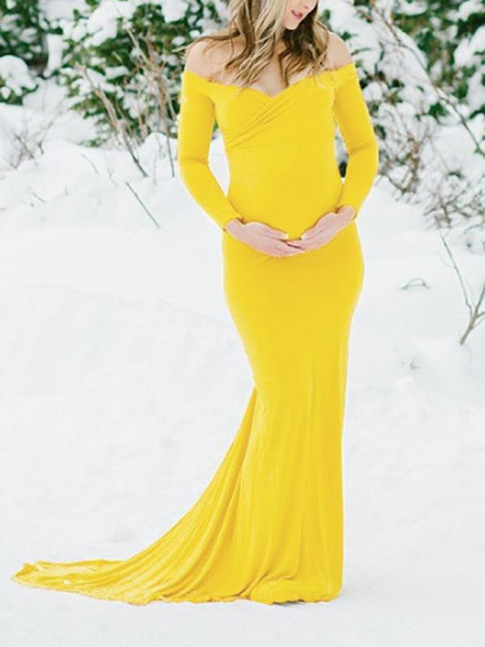 Seindeal Solid Color Off Shoulder Maxi Baby Shower Mermaid Maternity Dress for Photoshoot