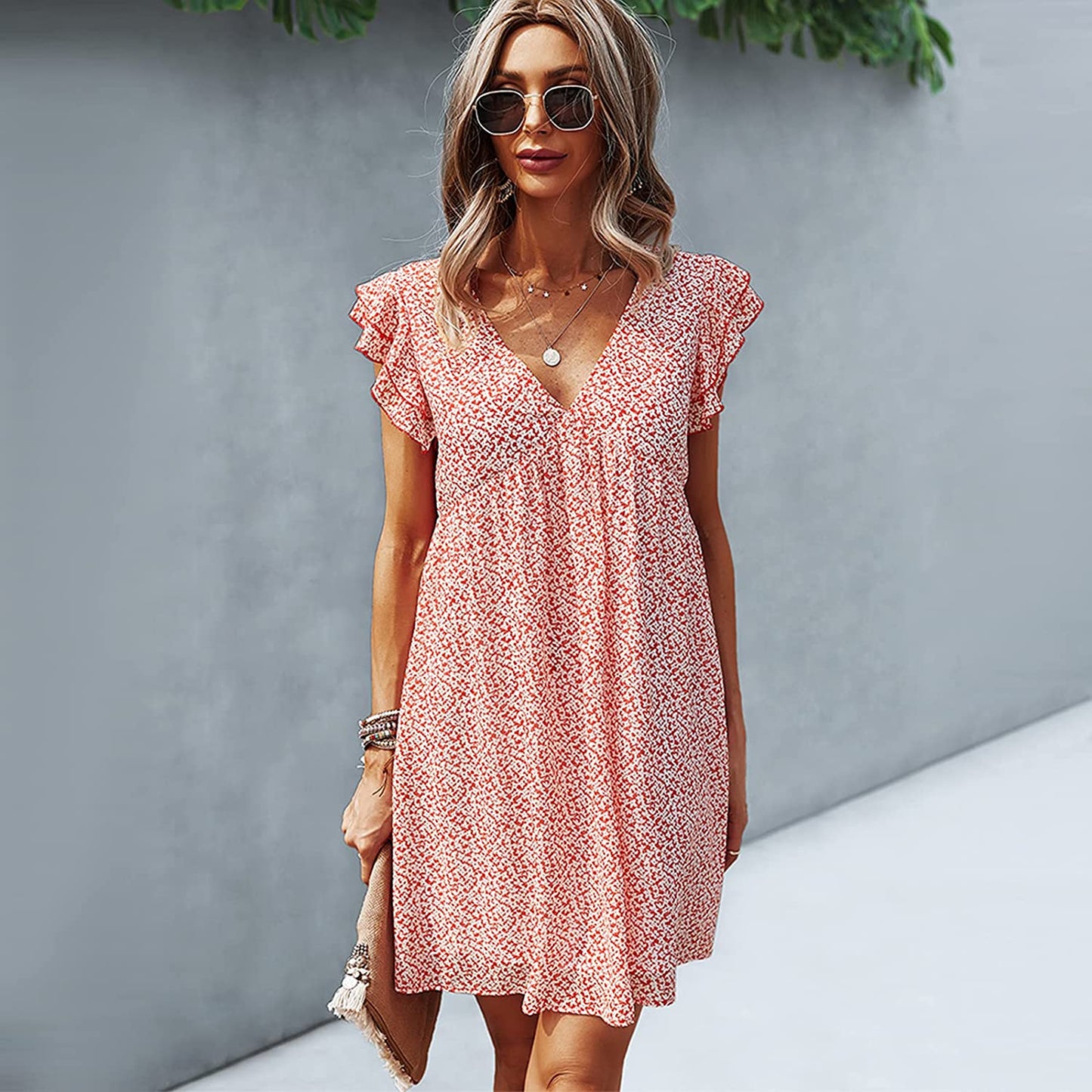 Women Floral Maxi Dress Short Sleeve V Neck Ruffle Mini Boho Sun Dress Loose Flowy Swing Maternity Dress Summer Coctail Party