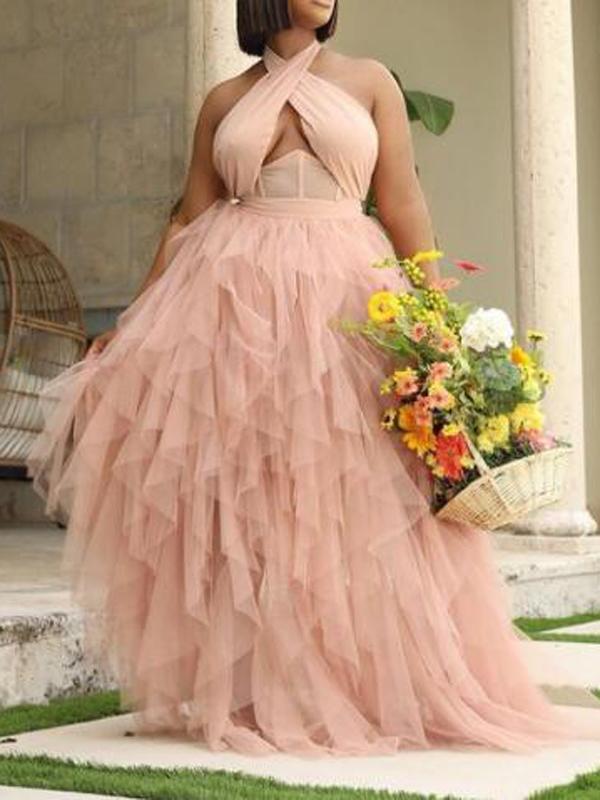 Seindeal Patchwork Halter Neck Grenadine Tulle Plus Size Maternity Dress Prom Maxi for Party