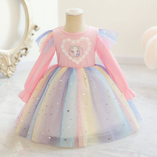 Seindeal Unicorn Kids Dress Rainbow Tulle Princess Long Sleeve Pear Beaded for Birthday Party Casual Outfits Clothing 2-10 Years