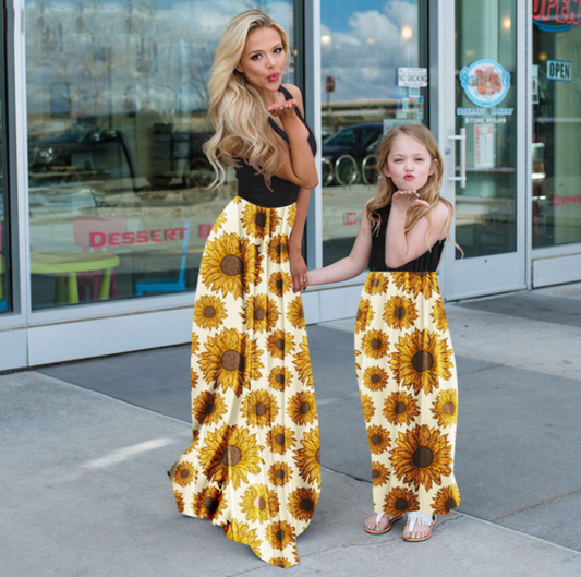 Patchwork Sunflower Print Mommy and Me Outfits Fashion Maxi Dress