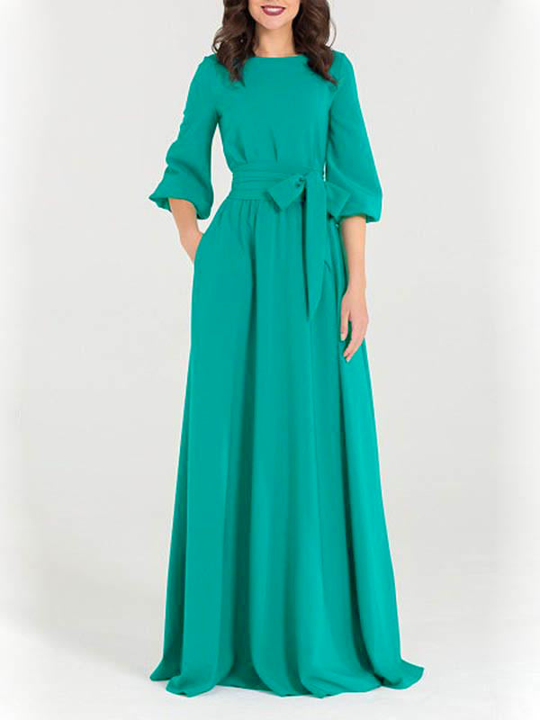 Green Solid Color Pleated Belt Round Neck 3/4 Sleeves Women Maxi Dresses Elegant Dress Party Dress