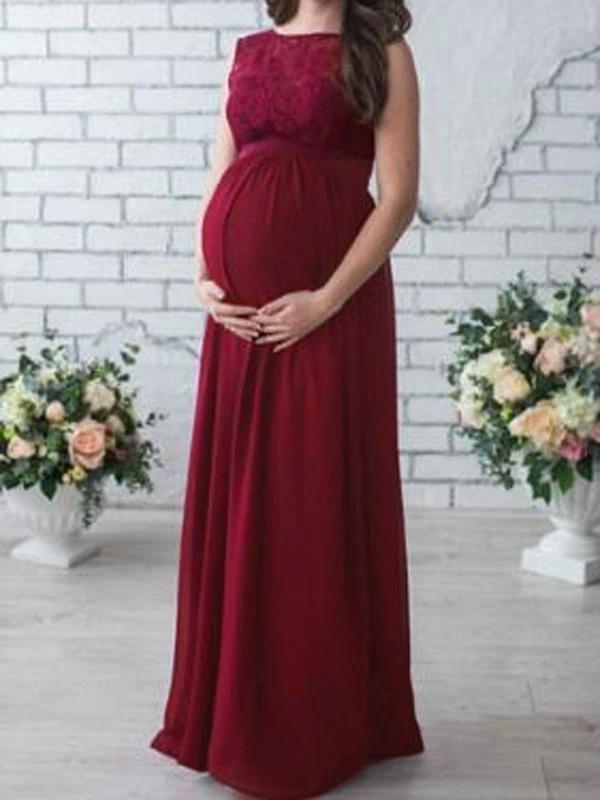 Lace Draped Sashes Chiffon Sleeveless Babyshower Maternity Maxi Dress