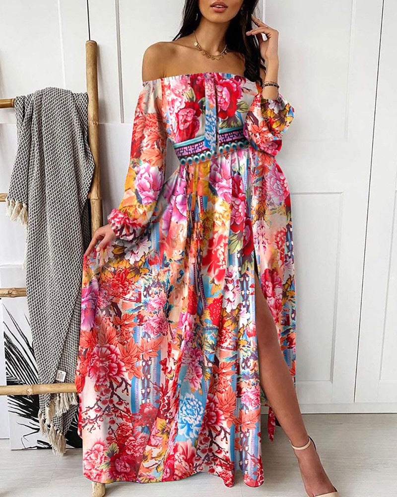 Floral Print Colorful Beach Maternity Off Shoulder Side Slit Lantern Sleeve Fashion Maxi Dress