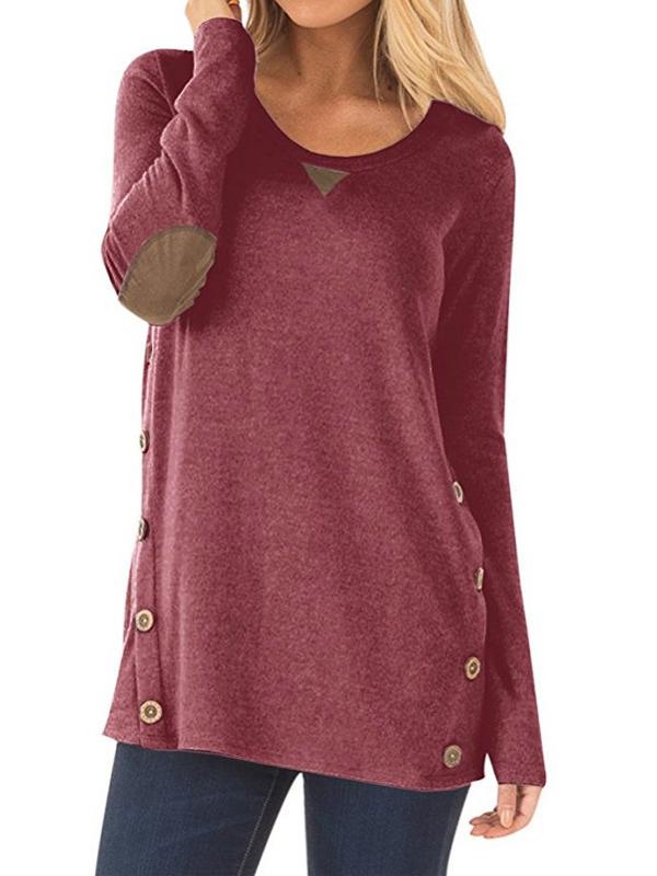 Seindeal Soild Buttons Round Neck Long Sleeve Casual T-Shirt