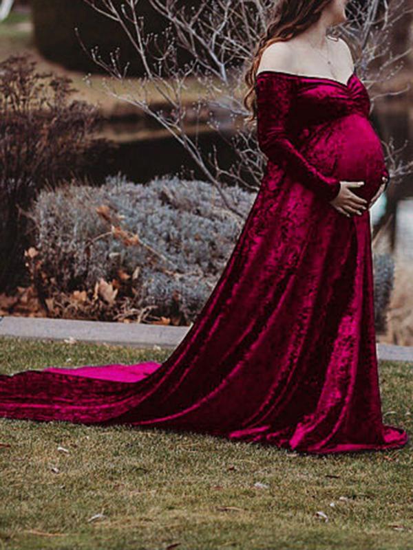 Off Shoulder Velvet  Long Sleeve Baby Shower Maternity Maxi Dress