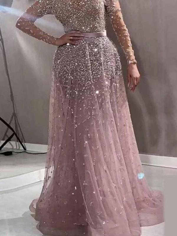 Seindeal Pink Patchwork Sequins Grenadine Ribbon Collar Long Sleeve Tulle Tutu Flowy Prom Maxi Dress