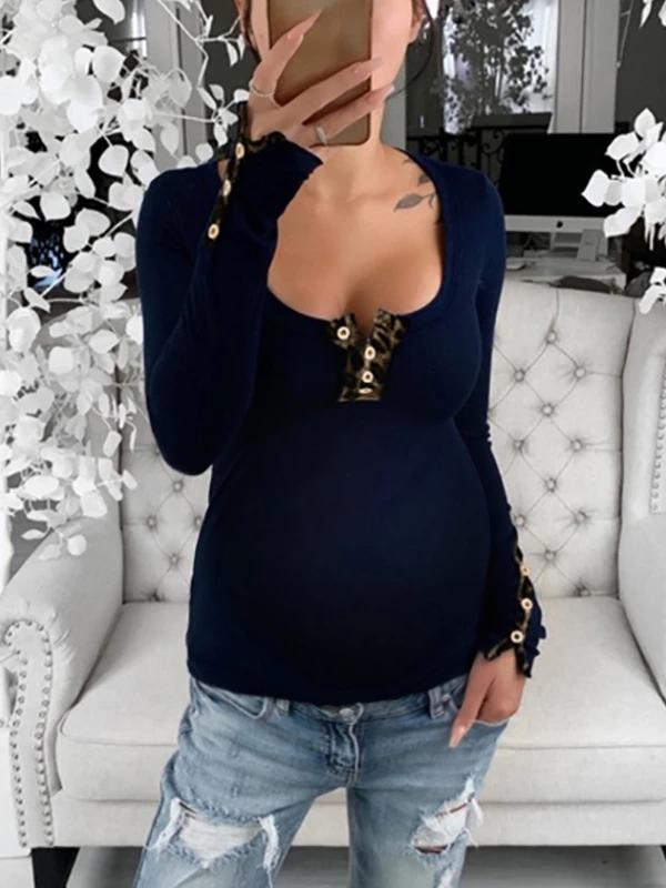 Leopard Buttons Scoop Neck Long Sleeve Honey Girl Maternity T-Shirt