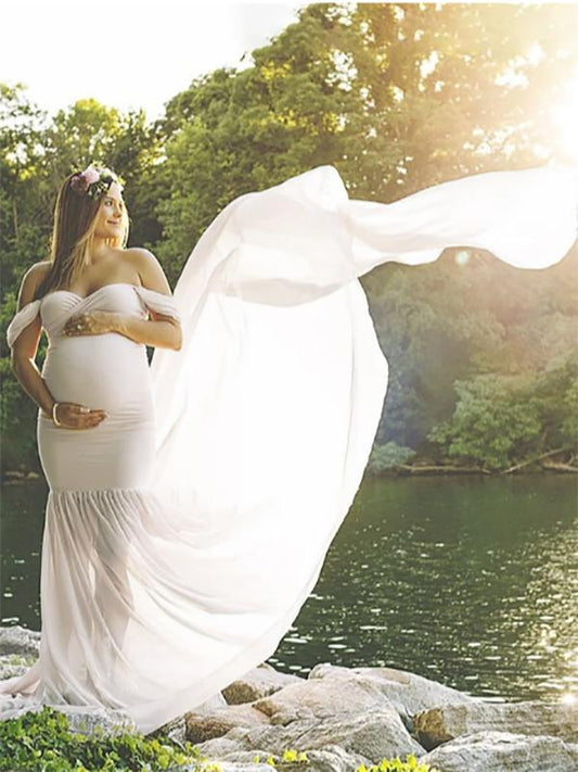 Seindeal Off Shoulder Mermaid White Maternity Dress for Photoshoot Bodycon Maxi