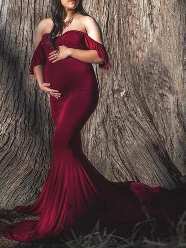 Seindeal Burgundy Ruffle Off Shoulder Mermaid Maternity Photoshoot Dress