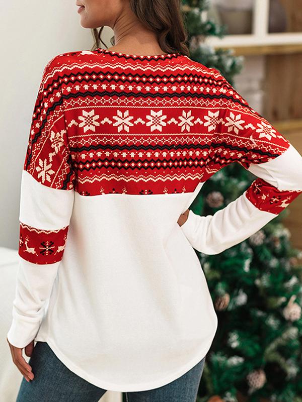 Geometric Elk Print Round Neck Long Sleeve Christmas Maternity T-Shirt