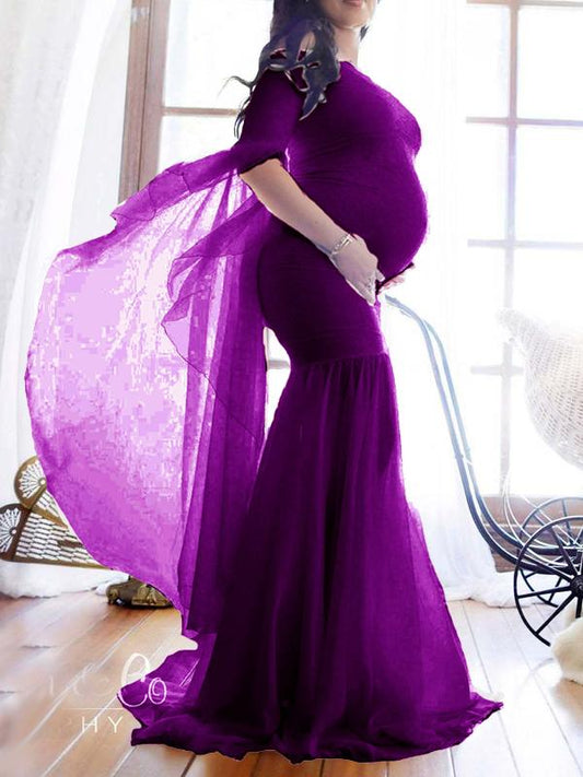 Seindeal Grenadine Bodycon Mermaid Flying Sleeve Glamorous Maxi Maternity Baby Shower Dress UK