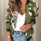 Army Green Floral Zipper Round Neck Long Sleeve Women Jackets Bomber Jacket