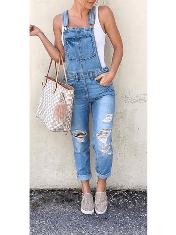 Ripped Destroyed Pockets Long Maternity Overall Pants