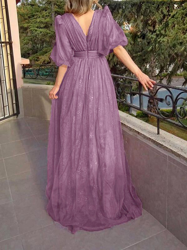 Slit Mesh V-Neck 3/4 Sleeves Women Maxi Dresses Tulle Dress Evening Dress