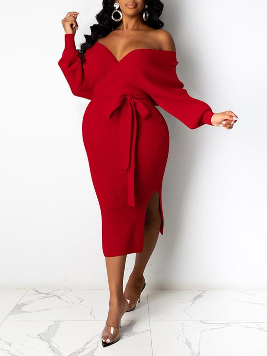 Solid Off Shoulder Bodycon Belt V-neck Long Sleeve Maternity Midi Dress