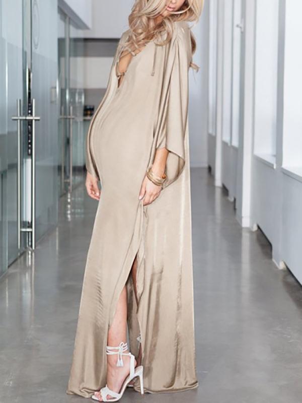 Solid Color Double Slit Flowy Floor Length Plunging Neckline Long Sleeve Maternity Maxi Dress