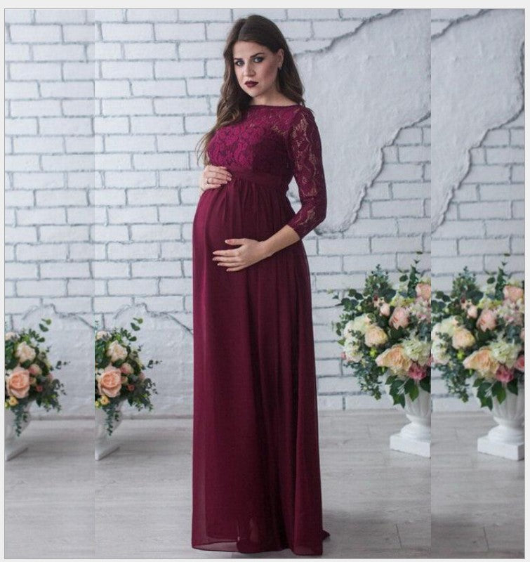 Seindeal Black Patchwork Maxi Lace Maternity Dress for Baby Shower Long Sleeve