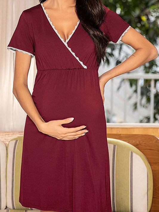 Seindeal Lace Draped V-neck Short Sleeve Mini Maternity Nursing Pajama Dress