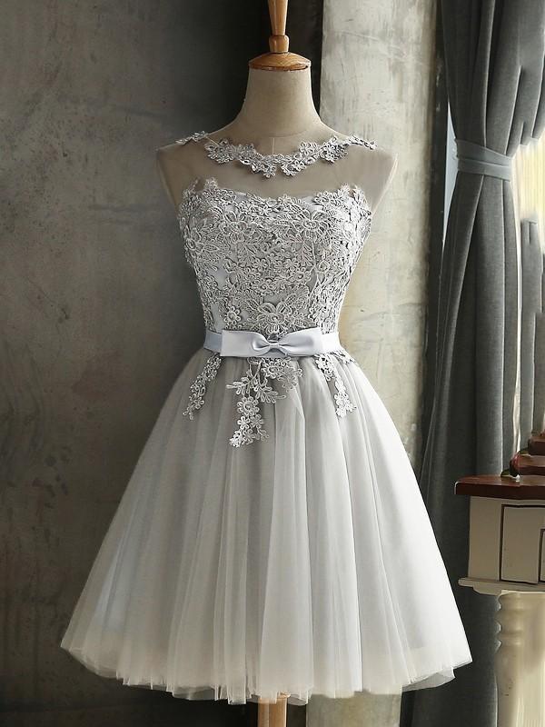 Gray Patchwork Bow Lace Mesh Pleated Round Neck Sleeveless Women's Mini Dresses Evening Dress Bridesmaid Dress