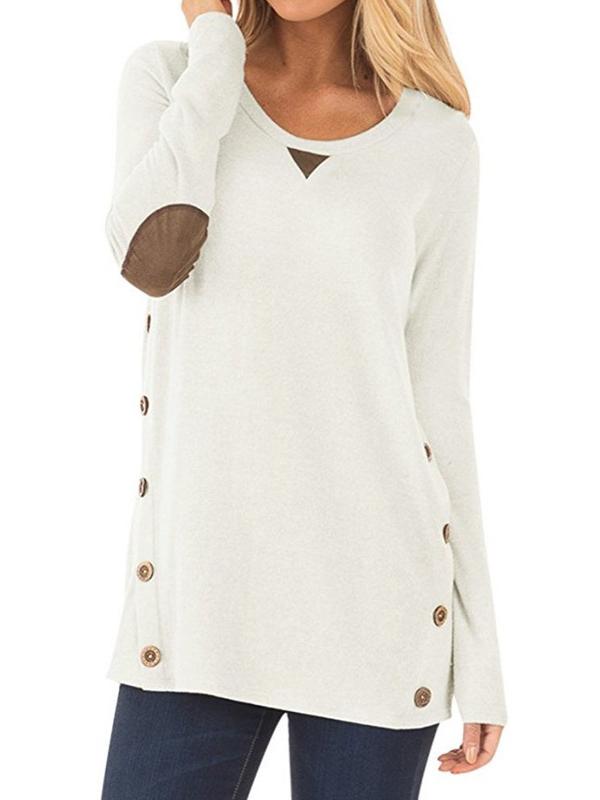 Seindeal Soild Buttons Round Neck Long Sleeve Casual T-Shirt