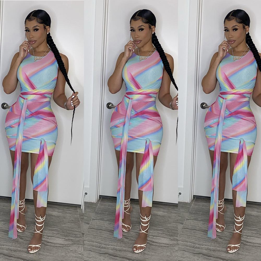 Tie Dye Belt PinkBlue Bodycon Round Neck Sleeveless Ribbons Maternity Mini Dress