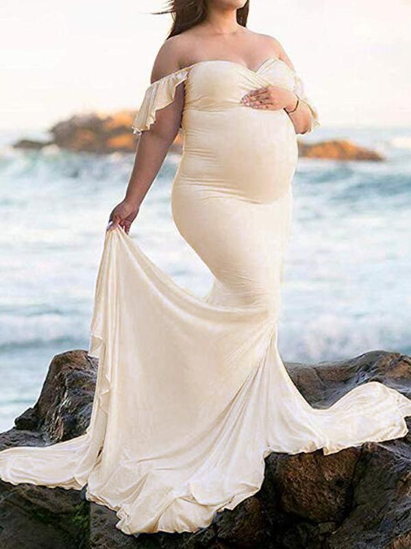 Seindeal Mermaid Babyshower Maternity Ruffle Off Shoulder Draped Maxi Dress for Photography