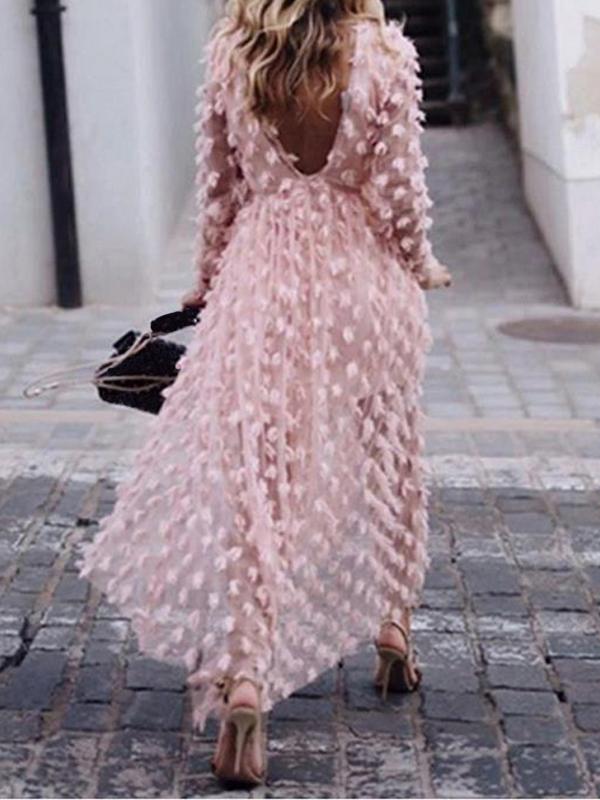 Mesh Deep V Backless Round Neck Long Sleeve Maxi Dresses Women Elegant Dress