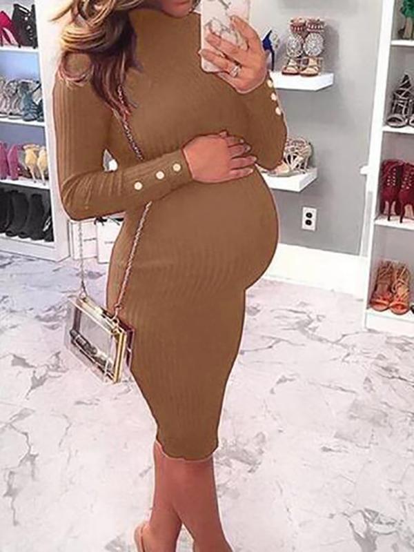 Single Breasted Long Sleeve Banquet Party Bodycon Knit Maternity Dress