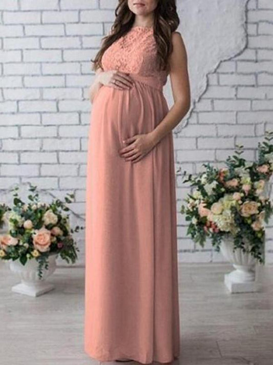 Lace Draped Round Neck For Babyshower Maternity Maxi Dress