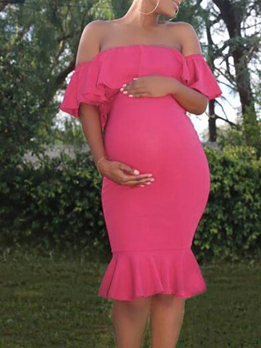 Off Shoulder Ruffle Bodycon Babyshower Maternity Fashion Midi Dress