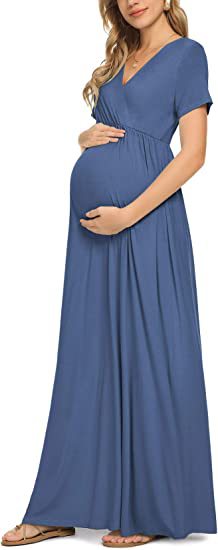 Seindeal Draped V-neck Short Sleeve Elegant Maxi Maternity Dress