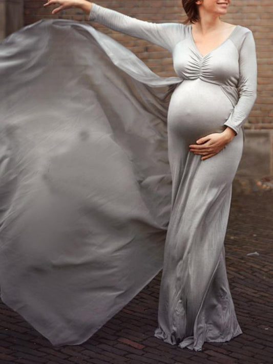 Seindeal Off Shoulder Grenadine Backless Cloak Mermaid Maternity Photoshoot Dress Grey