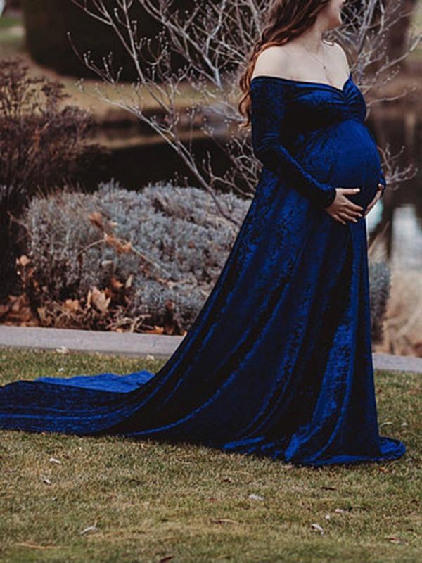 Off Shoulder Velvet  Long Sleeve Baby Shower Maternity Maxi Dress