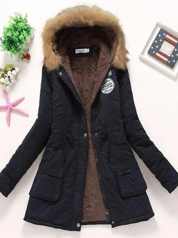 Fur Hooded Badge Pockets Long Sleeve Maternity Fluffy Coat