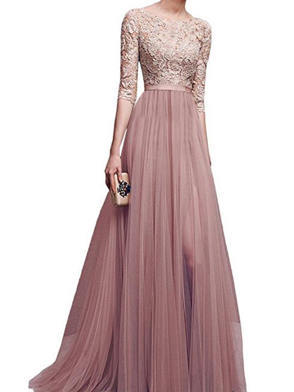 Solid Color Pleated Lace Round Neck Half-Length Women Maxi Dresses Elegant Dress Party Dress Evening Dress Ball Gown