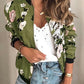 Army Green Floral Zipper Round Neck Long Sleeve Women Jackets Bomber Jacket