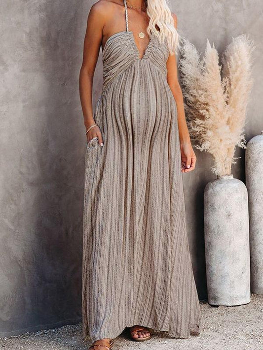 Seindeal Spaghetti Strap Wavy Edge Striped Bohemian Baby Shower Maternity Dress