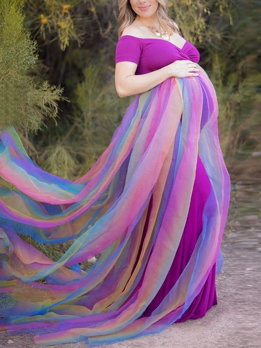 Off Shoulder Rainbow Mesh Baby Shower Maternity Photoshoot Maxi Dress