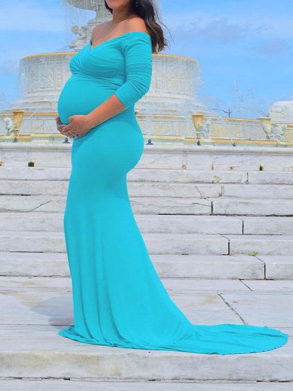 Seindeal Off Shoulder Backless Draped Mermaid Maternity Photoshoot Dress Pink