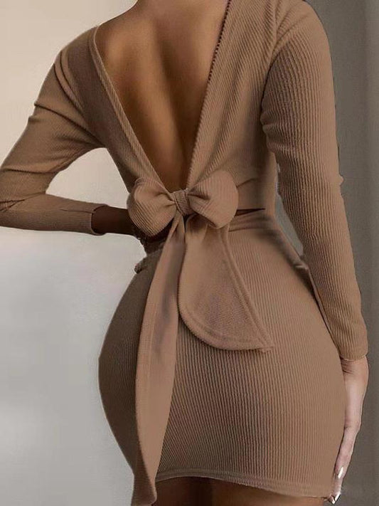 Backless Bow Bodycon Vneck Long Sleeve Maternity Mini Dress