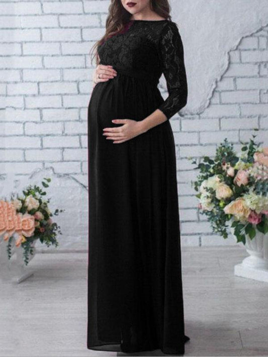 Seindeal Black Patchwork Maxi Lace Maternity Dress for Baby Shower Long Sleeve