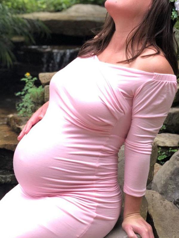 Seindeal Off Shoulder Backless Draped Mermaid Maternity Photoshoot Dress Pink